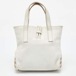 Pre Owned Burberry White/Beige Leather and Coated Canvas Satchel