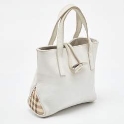 Pre Owned Burberry White/Beige Leather and Coated Canvas Satchel