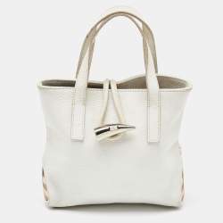 Pre Owned Burberry White/Beige Leather and Coated Canvas Satchel