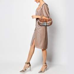 Pre Owned Burberry Brown/Beige Leather and Quilted House Check Canvas Margaret Shoulder Bag