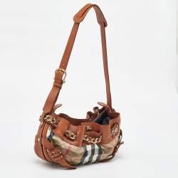 Pre Owned Burberry Brown/Beige Leather and Quilted House Check Canvas Margaret Shoulder Bag