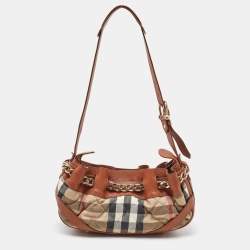 Pre Owned Burberry Brown/Beige Leather and Quilted House Check Canvas Margaret Shoulder Bag