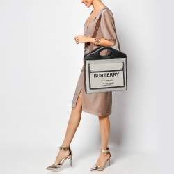 Burberry Off-White/Black Canvas and Leather Large Pocket Tote