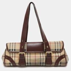 Burberry Brown/Beige Haymarket Check Coated Canvas and Leather Buckle Flap Satchel