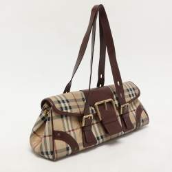 Burberry Brown/Beige Haymarket Check Coated Canvas and Leather Buckle Flap Satchel
