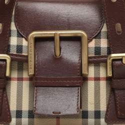 Burberry Brown/Beige Haymarket Check Coated Canvas and Leather Buckle Flap Satchel