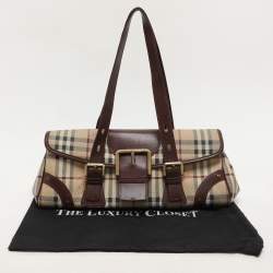 Burberry Brown/Beige Haymarket Check Coated Canvas and Leather Buckle Flap Satchel