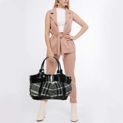 Burberry Black/Grey Check Quilted Nylon and Patent Leather Healy Tote