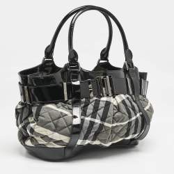 Burberry Black/Grey Check Quilted Nylon and Patent Leather Healy Tote