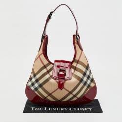 Burberry Beige/Burgundy Nova Check PVC and Patent Leather Brooke Hobo