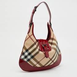 Burberry Beige/Burgundy Nova Check PVC and Patent Leather Brooke Hobo