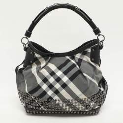 Burberry Grey/Black  Beat Check Nylon and Patent Leather Studded Hobo