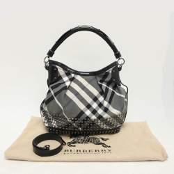 Burberry Grey/Black  Beat Check Nylon and Patent Leather Studded Hobo