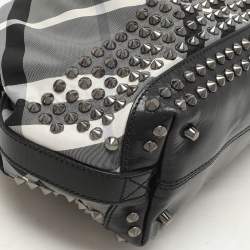Burberry Grey/Black  Beat Check Nylon and Patent Leather Studded Hobo