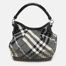 Burberry Grey/Black  Beat Check Nylon and Patent Leather Studded Hobo