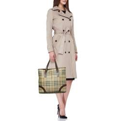 Burberry Brown/Beige Haymarket Check Coated Canvas and Leather Studded Tote