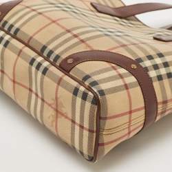 Burberry Brown/Beige Haymarket Check Coated Canvas and Leather Studded Tote