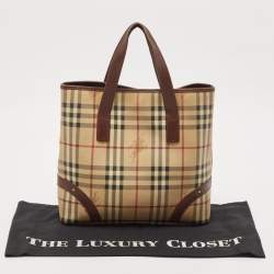 Burberry Brown/Beige Haymarket Check Coated Canvas and Leather Studded Tote