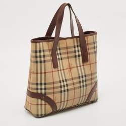 Burberry Brown/Beige Haymarket Check Coated Canvas and Leather Studded Tote