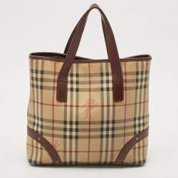 Burberry Brown/Beige Haymarket Check Coated Canvas and Leather Studded Tote