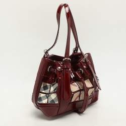 Burberry Red Nova Check Canvas and Patent Leather Small Warrior Armor Hobo