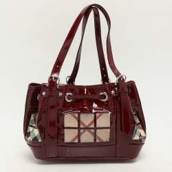 Burberry Red Nova Check Canvas and Patent Leather Small Warrior Armor Hobo