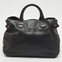 Burberry Black Leather and House Check Fabric Medium Banner Tote