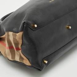 Burberry Black Leather and House Check Fabric Medium Banner Tote