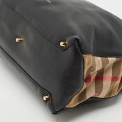 Burberry Black Leather and House Check Fabric Medium Banner Tote