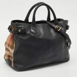 Burberry Black Leather and House Check Fabric Medium Banner Tote