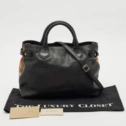 Burberry Black Leather and House Check Fabric Medium Banner Tote