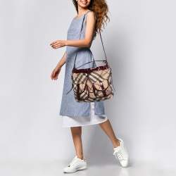 Burberry Beige/Burgundy Nova Check PVC and Patent Leather Drawstring Hobo