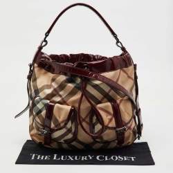 Burberry Beige/Burgundy Nova Check PVC and Patent Leather Drawstring Hobo