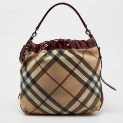 Burberry Beige/Burgundy Nova Check PVC and Patent Leather Drawstring Hobo