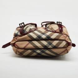 Burberry Beige/Burgundy Nova Check PVC and Patent Leather Drawstring Hobo