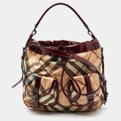Burberry Beige/Burgundy Nova Check PVC and Patent Leather Drawstring Hobo