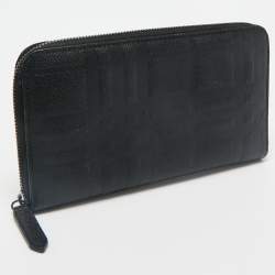 Burberry Black Embossed Check Leather Zip Continental Wallet