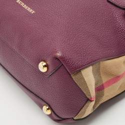 Burberry Burgundy/Beige House Check Fabric and Leather Small Banner Tote