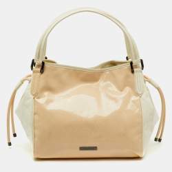 Burberry White/Beige Check Patent Leather Bilmore Tote