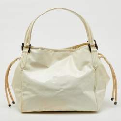 Burberry White/Beige Check Patent Leather Bilmore Tote
