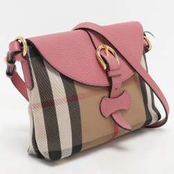  Burberry Pink/Beige Leather and House Check Canvas Horseshoe Milton Crossbody Bag