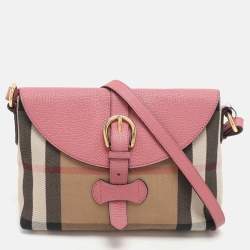  Burberry Pink/Beige Leather and House Check Canvas Horseshoe Milton Crossbody Bag