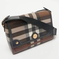 Burberry Dark Birch Brown Giant E-Check Canvas and Leather Note Crossbody Bag