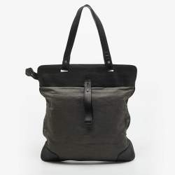 Burberry Black/Grey Logo Embroidered Fabric and Leather Flat Tote