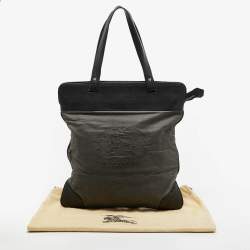 Burberry Black/Grey Logo Embroidered Fabric and Leather Flat Tote