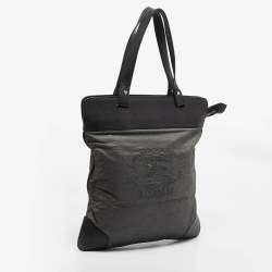 Burberry Black/Grey Logo Embroidered Fabric and Leather Flat Tote