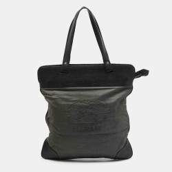 Burberry Black/Grey Logo Embroidered Fabric and Leather Flat Tote