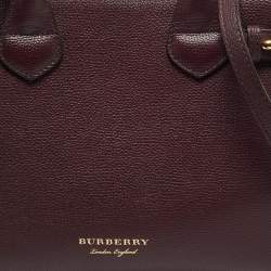 Burberry Burgundy/Beige Leather and House Check Fabric Small Banner Tote