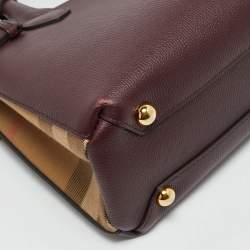 Burberry Burgundy/Beige Leather and House Check Fabric Small Banner Tote