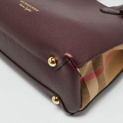 Burberry Burgundy/Beige Leather and House Check Fabric Small Banner Tote